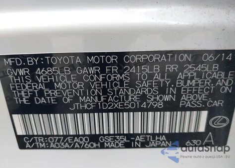 2014 Lexus Is 250 from USA, damaged, VIN JTHCF1D2XE5014798